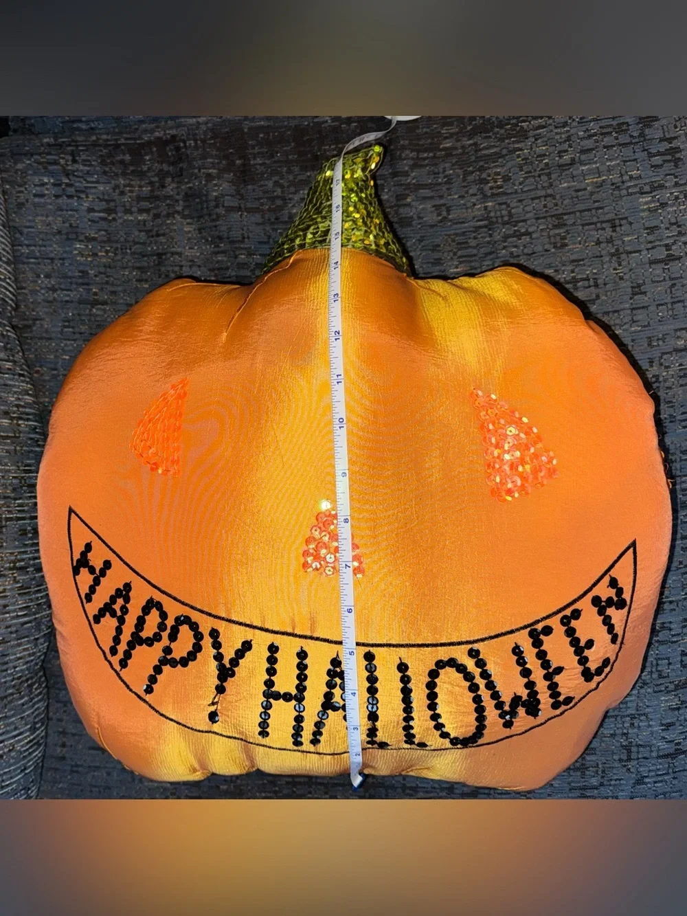 Orange Sequin Pumpkin Holiday Pillow - Happy Halloween 18” x 18”
